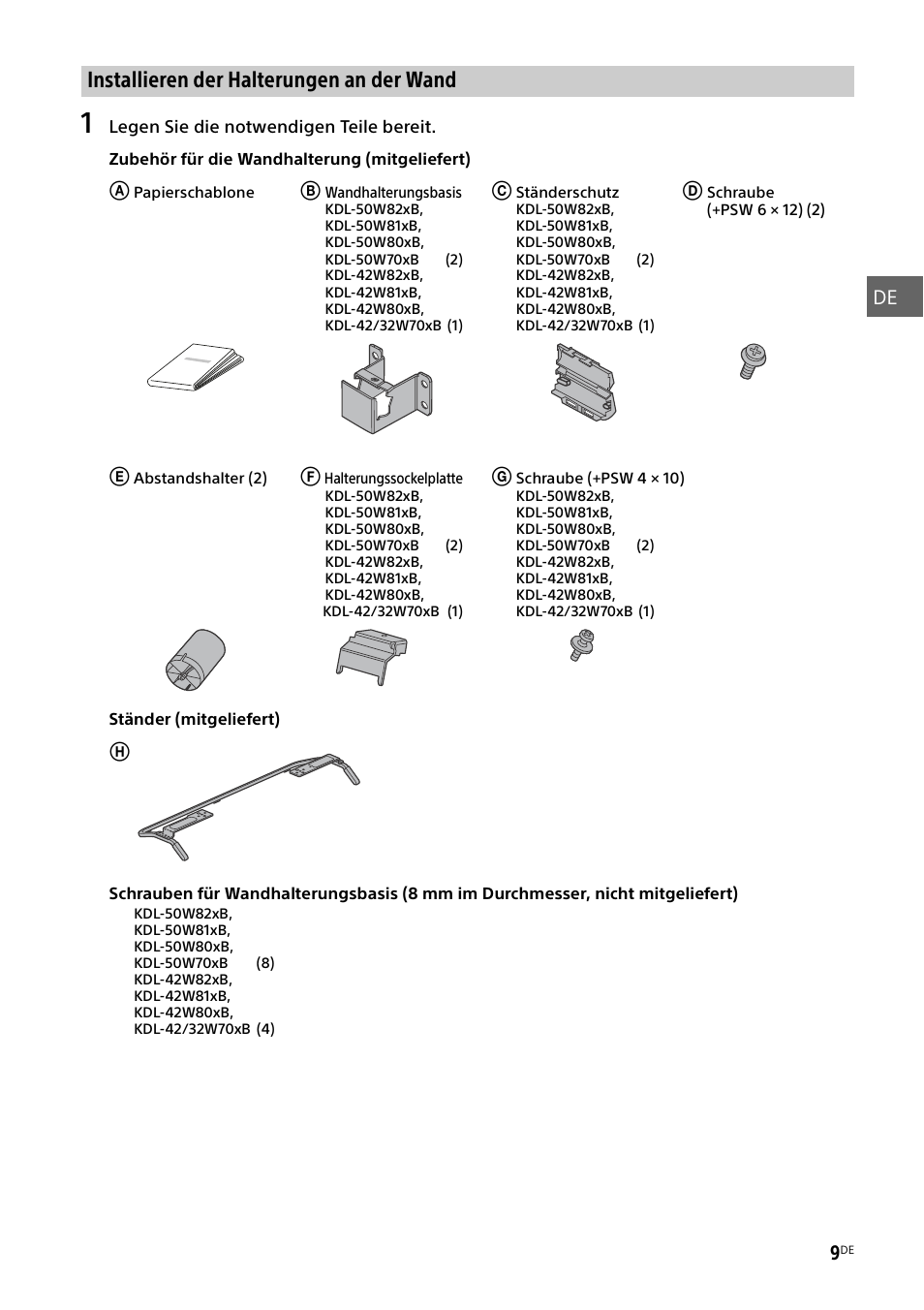 Installieren der halterungen an der wand, De 9 | Sony KDL-50W805B User Manual | Page 79 / 376