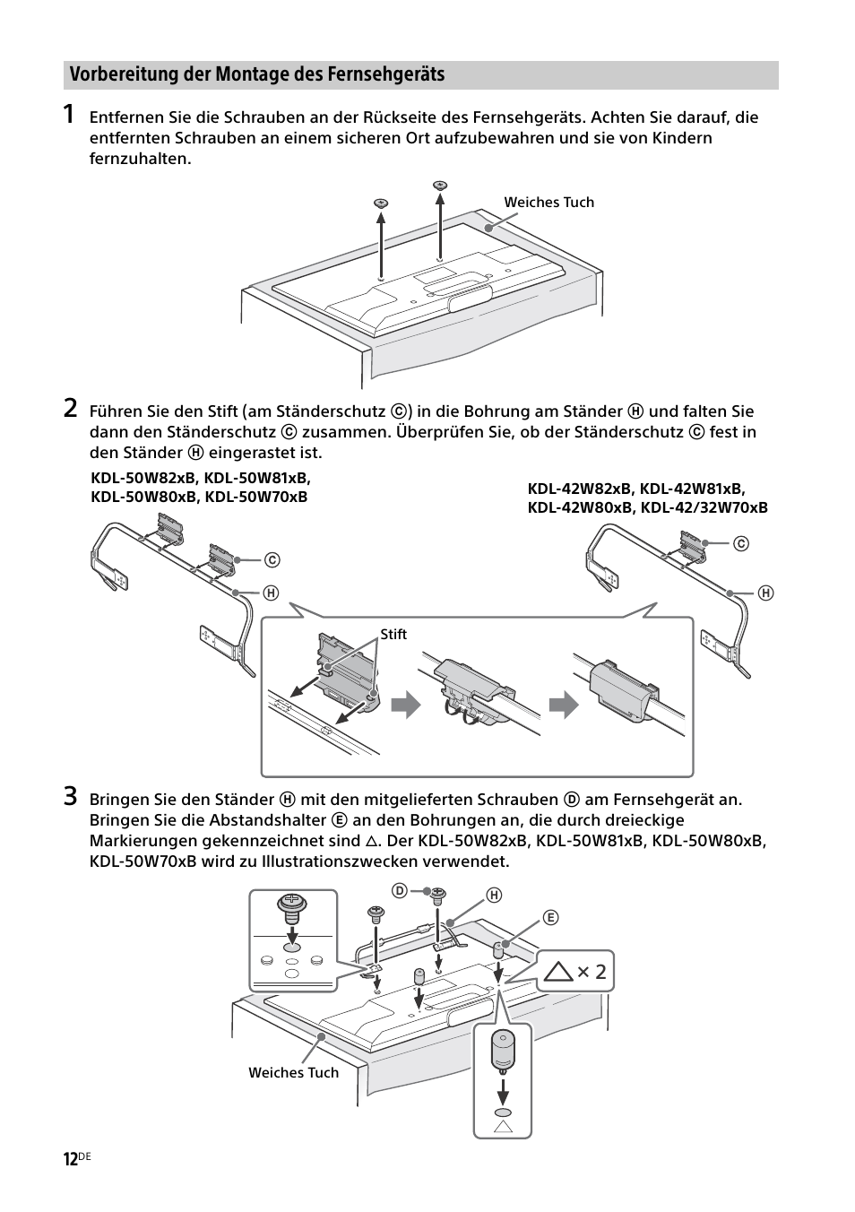 Vorbereitung der montage des fernsehgeräts | Sony KDL-50W805B User Manual | Page 82 / 376