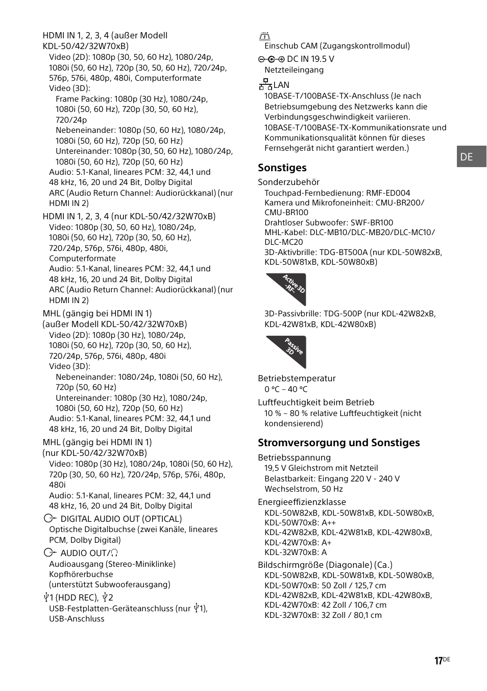 De 17, Sonstiges, Stromversorgung und sonstiges | Sony KDL-50W805B User Manual | Page 87 / 376