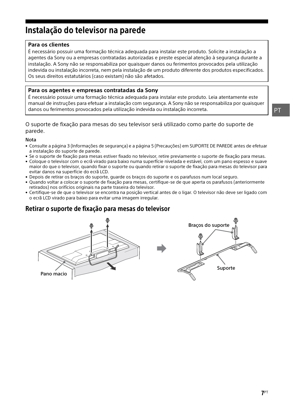 Instalação do televisor na parede, Pt 7 | Sony KDL-50W805B User Manual | Page 95 / 376