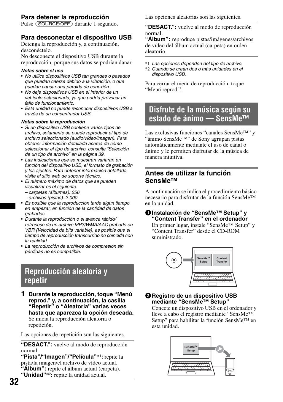 Reproducción aleatoria y repetir, Antes de utilizar la función sensme, Para detener la reproducción | Para desconectar el dispositivo usb | Sony XNV-L66BT User Manual | Page 110 / 248