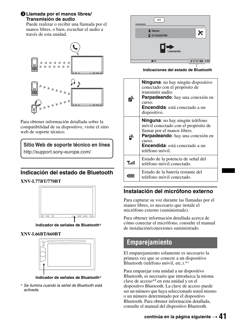 Indicación del estado de bluetooth, Instalación del micrófono externo, Emparejamiento | Sitio web de soporte técnico en línea | Sony XNV-L66BT User Manual | Page 119 / 248