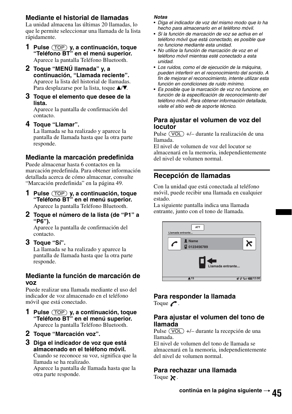Recepción de llamadas | Sony XNV-L66BT User Manual | Page 123 / 248