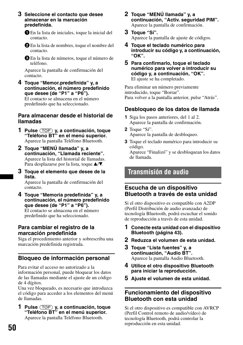 Bloqueo de información personal, Transmisión de audio | Sony XNV-L66BT User Manual | Page 128 / 248