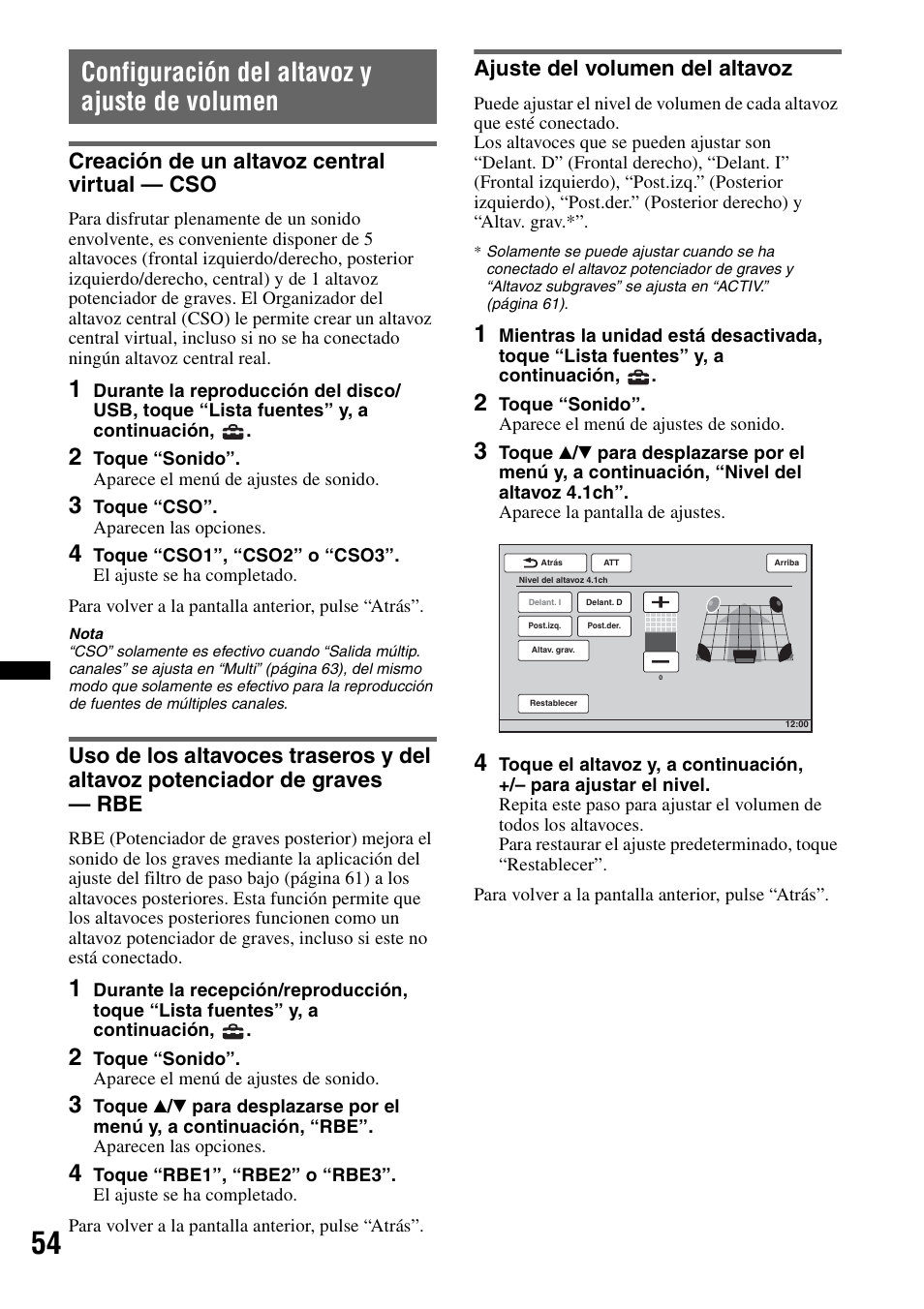 Configuración del altavoz y ajuste de volumen, Creación de un altavoz central virtual - cso, Ajuste del volumen del altavoz | Configuración del altavoz y ajuste de, Volumen, Creación de un altavoz central virtual, Creación de un altavoz central virtual — cso | Sony XNV-L66BT User Manual | Page 132 / 248