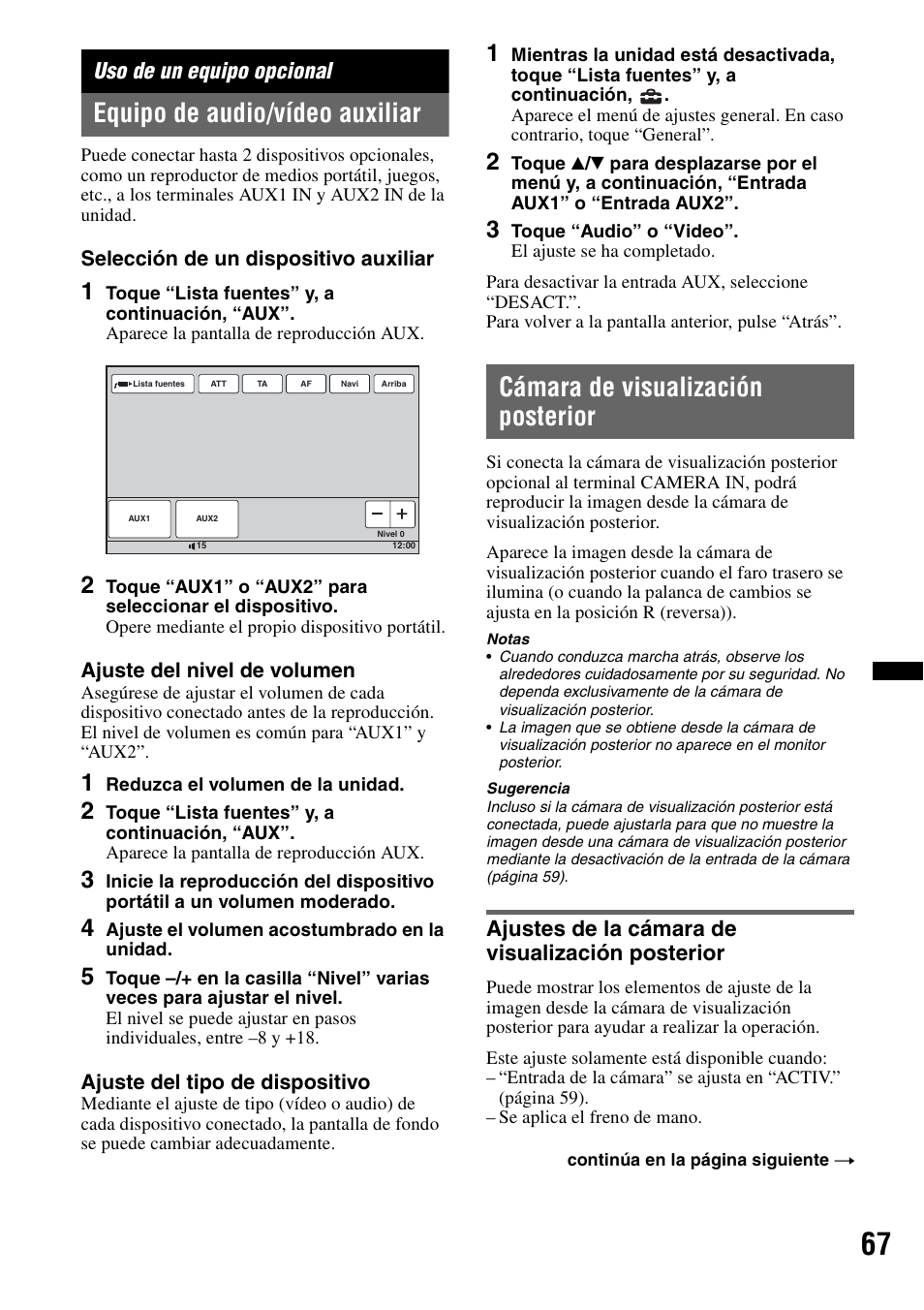 Uso de un equipo opcional, Equipo de audio/vídeo auxiliar, Cámara de visualización posterior | Ajustes de la cámara de visualización posterior, Ajustes de la cámara de visualización, Posterior | Sony XNV-L66BT User Manual | Page 145 / 248