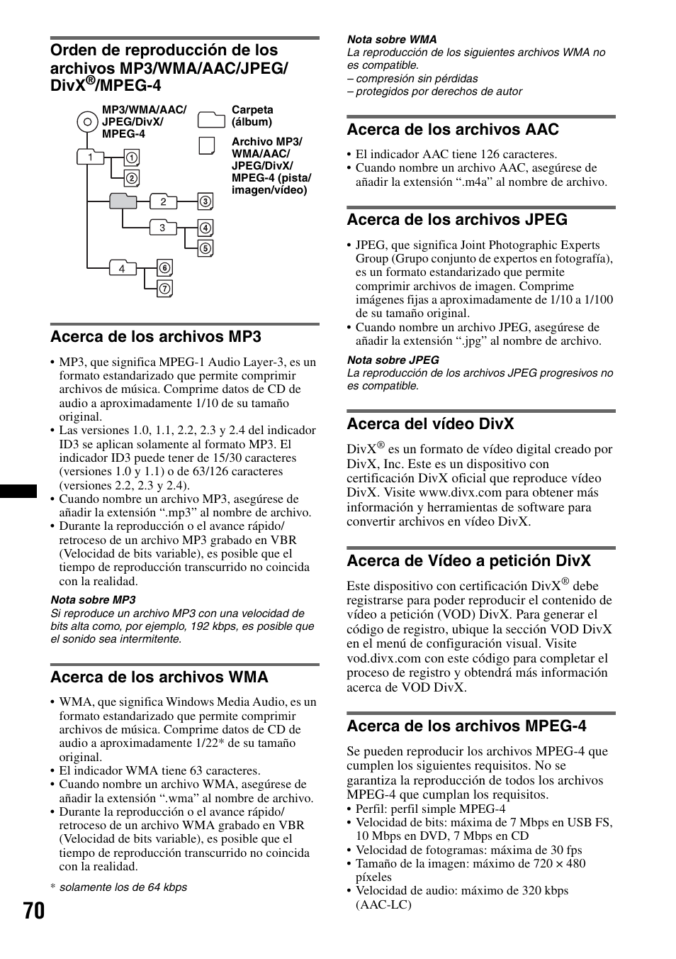 Acerca de los archivos mp3, Acerca de los archivos wma, Acerca de los archivos aac | Acerca de los archivos jpeg, Acerca del vídeo divx, Acerca de vídeo a petición divx, Acerca de los archivos mpeg-4, Mpeg-4, Mpeg-4 acerca de los archivos mp3 | Sony XNV-L66BT User Manual | Page 148 / 248