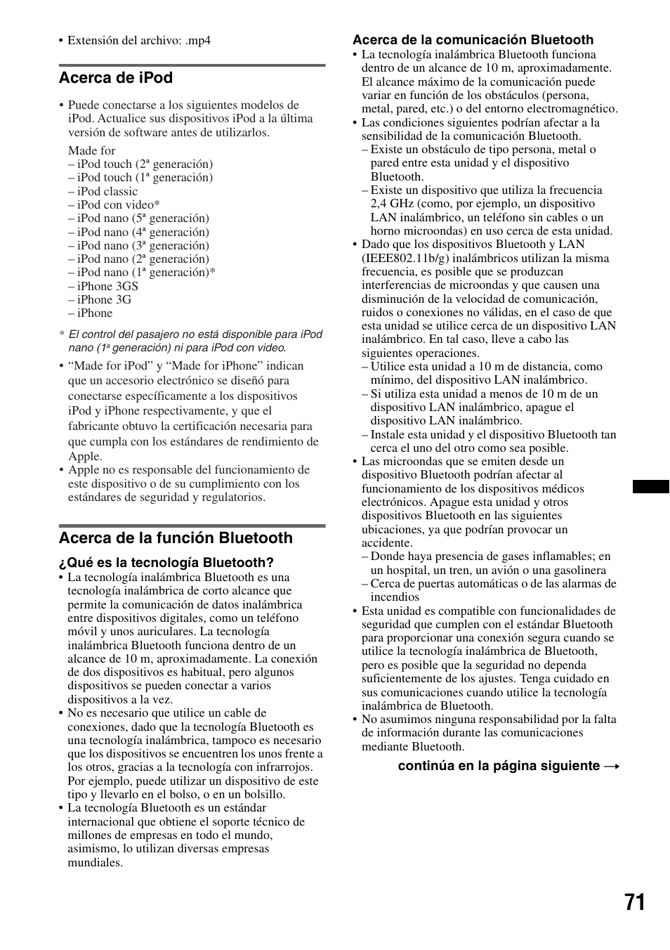 Acerca de ipod, Acerca de la función bluetooth, Acerca de ipod acerca de la función bluetooth | Sony XNV-L66BT User Manual | Page 149 / 248