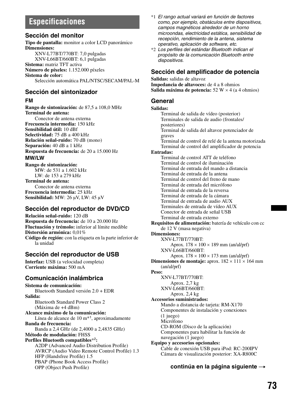 Especificaciones | Sony XNV-L66BT User Manual | Page 151 / 248