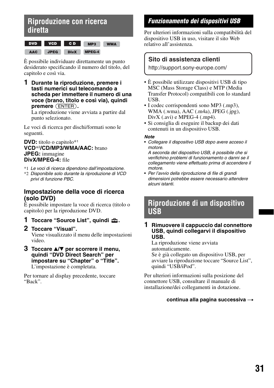 Riproduzione con ricerca diretta, Funzionamento dei dispositivi usb, Riproduzione di un dispositivo usb | Sony XNV-L66BT User Manual | Page 191 / 248