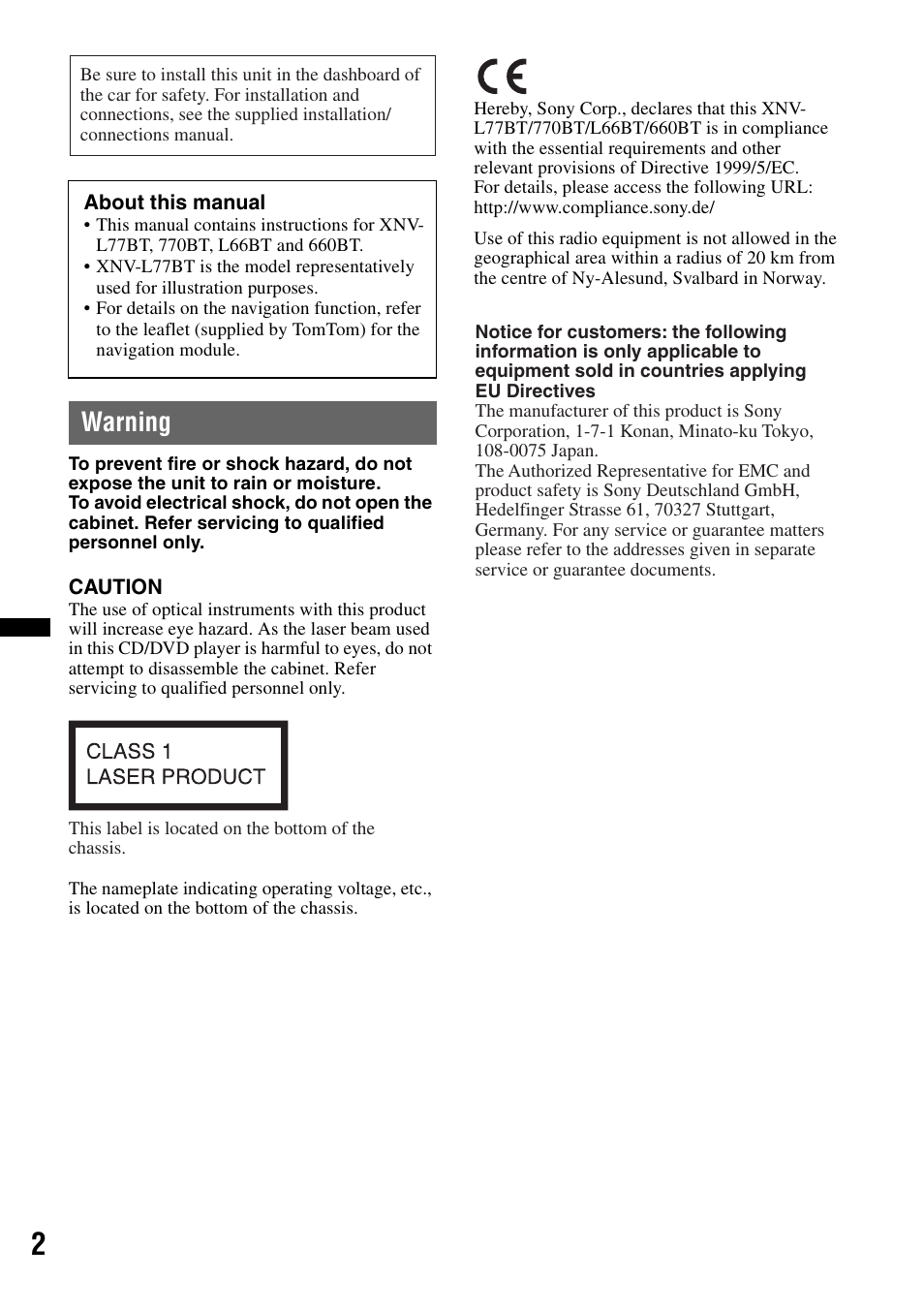 Warning | Sony XNV-L66BT User Manual | Page 2 / 248