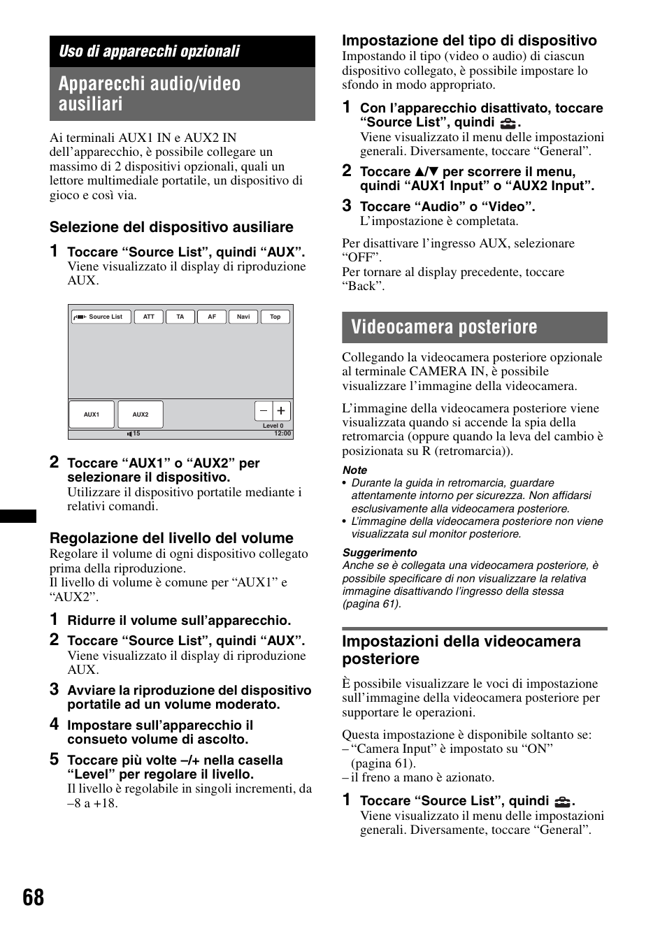 Uso di apparecchi opzionali, Apparecchi audio/video ausiliari, Videocamera posteriore | Impostazioni della videocamera posteriore, Impostazioni della videocamera, Posteriore | Sony XNV-L66BT User Manual | Page 228 / 248