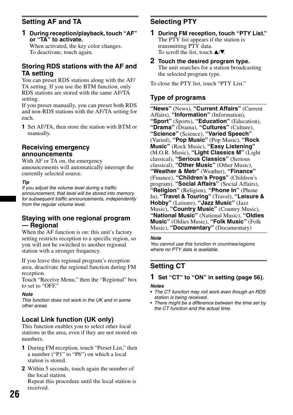 Setting af and ta, Selecting pty, Setting ct | Setting af and ta selecting pty setting ct | Sony XNV-L66BT User Manual | Page 26 / 248
