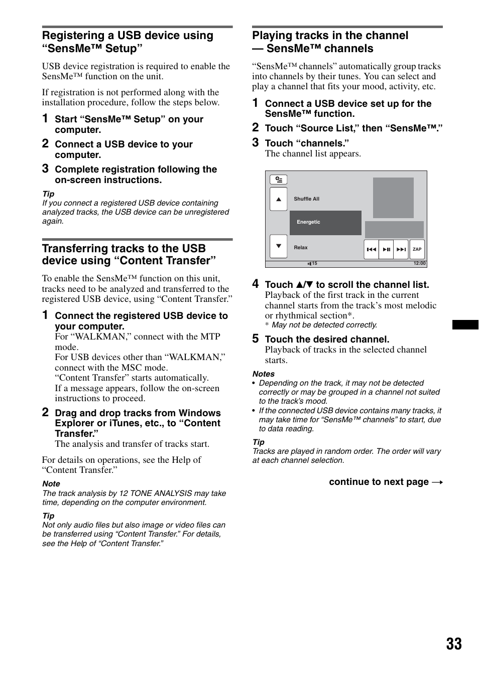 Registering a usb device using “sensme™ setup, Playing tracks in the channel - sensme™ channels, Playing tracks in the channel — sensme™ channels | Sony XNV-L66BT User Manual | Page 33 / 248