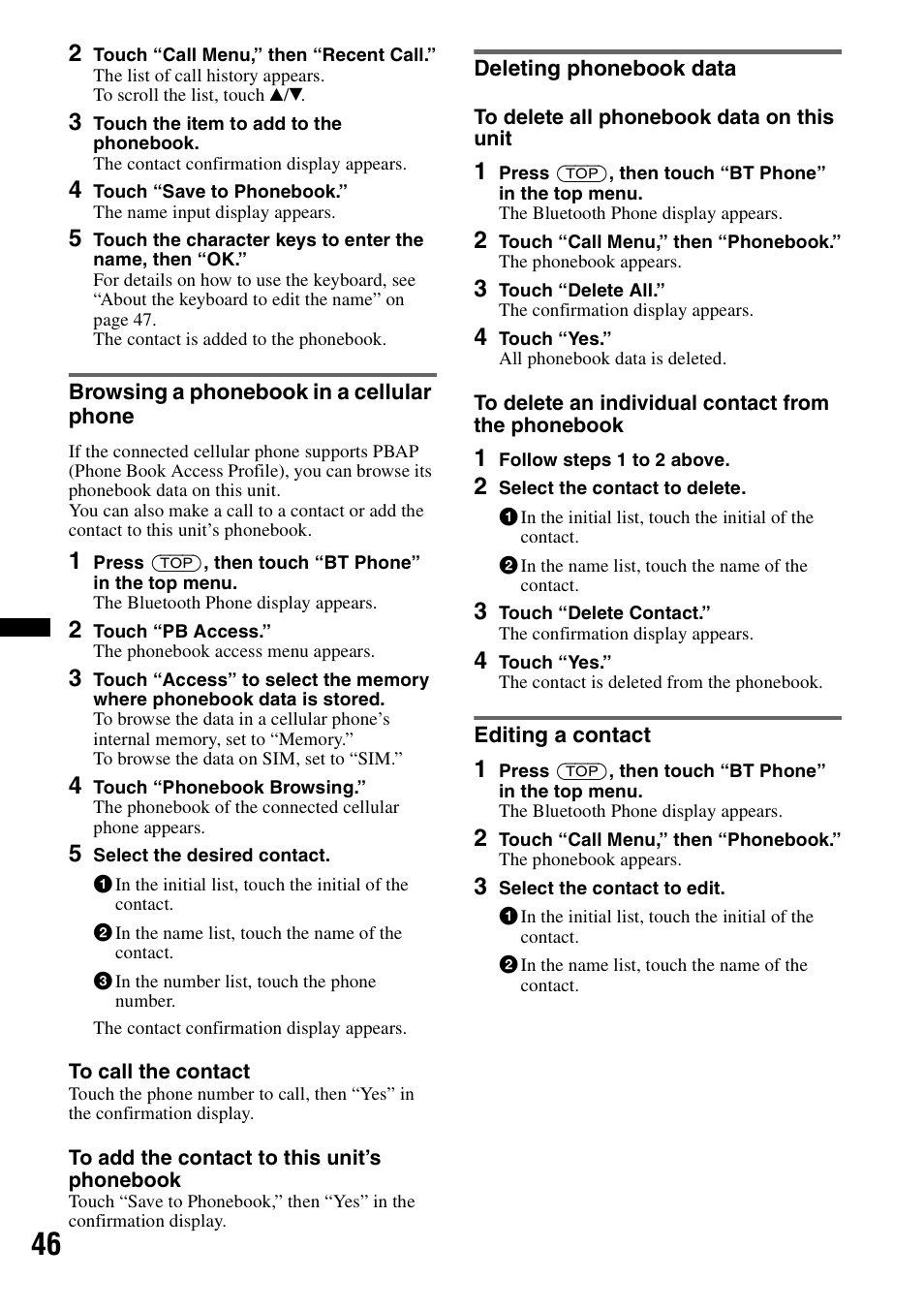 Browsing a phonebook in a cellular phone, Deleting phonebook data, Editing a contact | Sony XNV-L66BT User Manual | Page 46 / 248