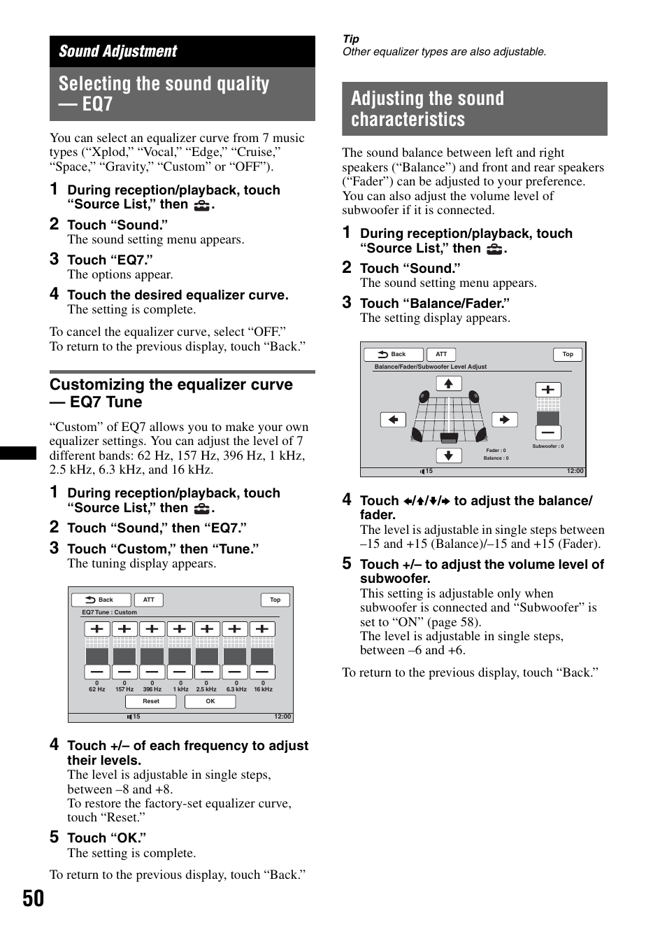 Sound adjustment, Selecting the sound quality - eq7, Customizing the equalizer curve - eq7 tune | Adjusting the sound characteristics, Selecting the sound quality — eq7, Customizing the equalizer curve — eq7 tune | Sony XNV-L66BT User Manual | Page 50 / 248
