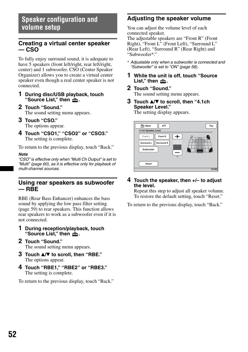 Speaker configuration and volume setup, Creating a virtual center speaker - cso, Using rear speakers as subwoofer - rbe | Adjusting the speaker volume, Creating a virtual center speaker — cso, Using rear speakers as subwoofer — rbe | Sony XNV-L66BT User Manual | Page 52 / 248