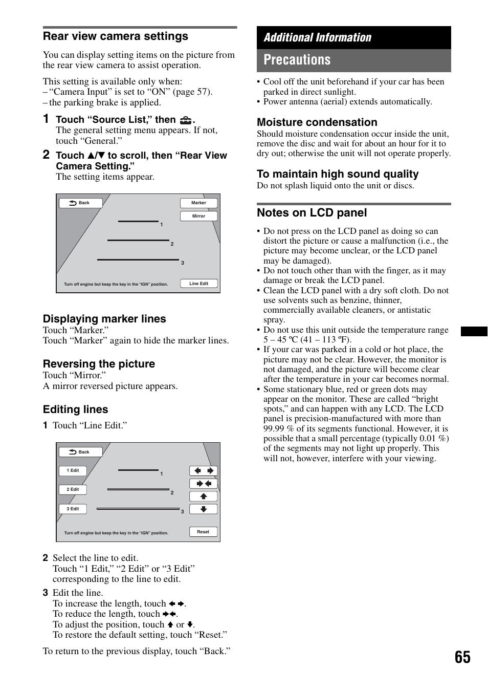 Rear view camera settings, Additional information, Precautions | Notes on lcd panel, Displaying marker lines, Reversing the picture, Editing lines, Moisture condensation | Sony XNV-L66BT User Manual | Page 65 / 248