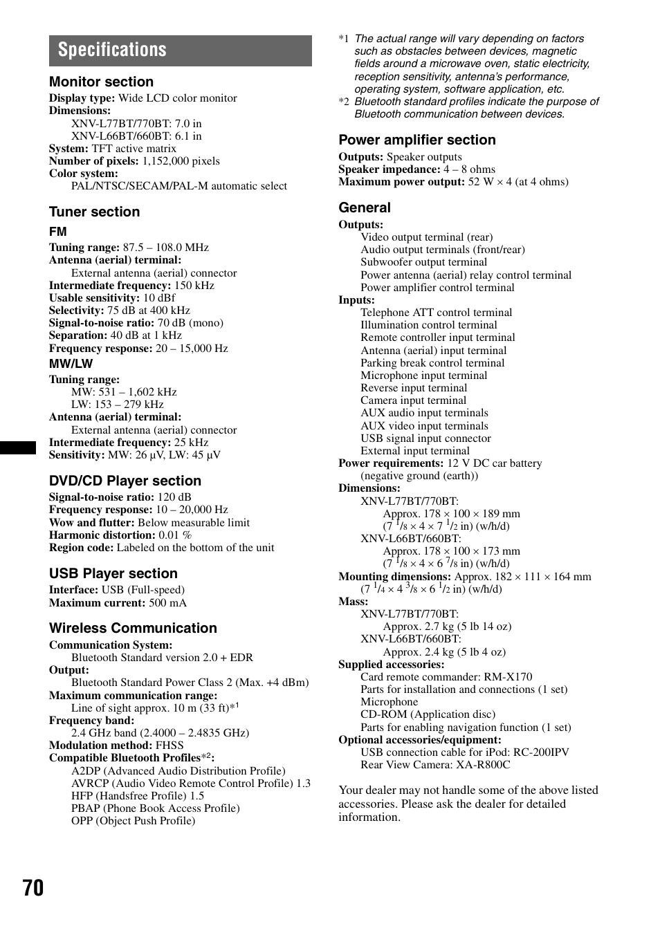 Specifications, Wireless communication, General | Sony XNV-L66BT User Manual | Page 70 / 248