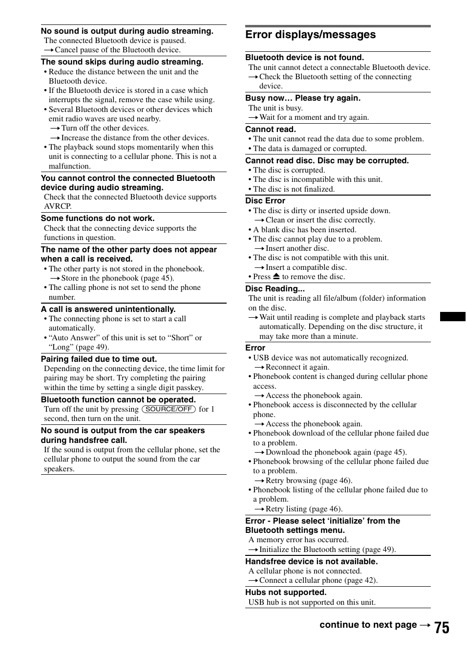 Error displays/messages | Sony XNV-L66BT User Manual | Page 75 / 248