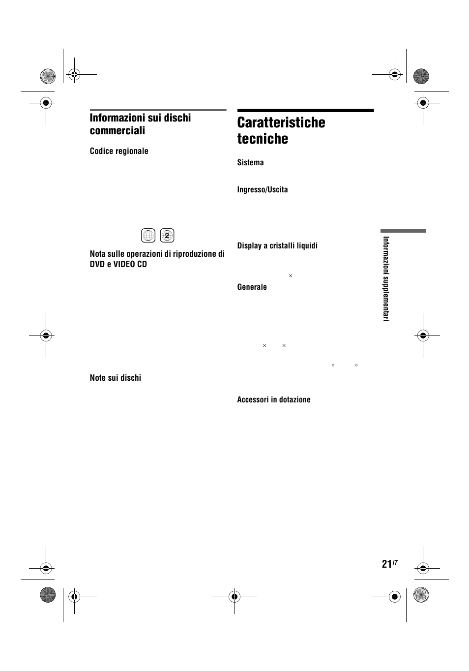 Caratteristiche tecniche, Informazioni sui dischi commerciali | Sony DVP-FX780 User Manual | Page 107 / 132
