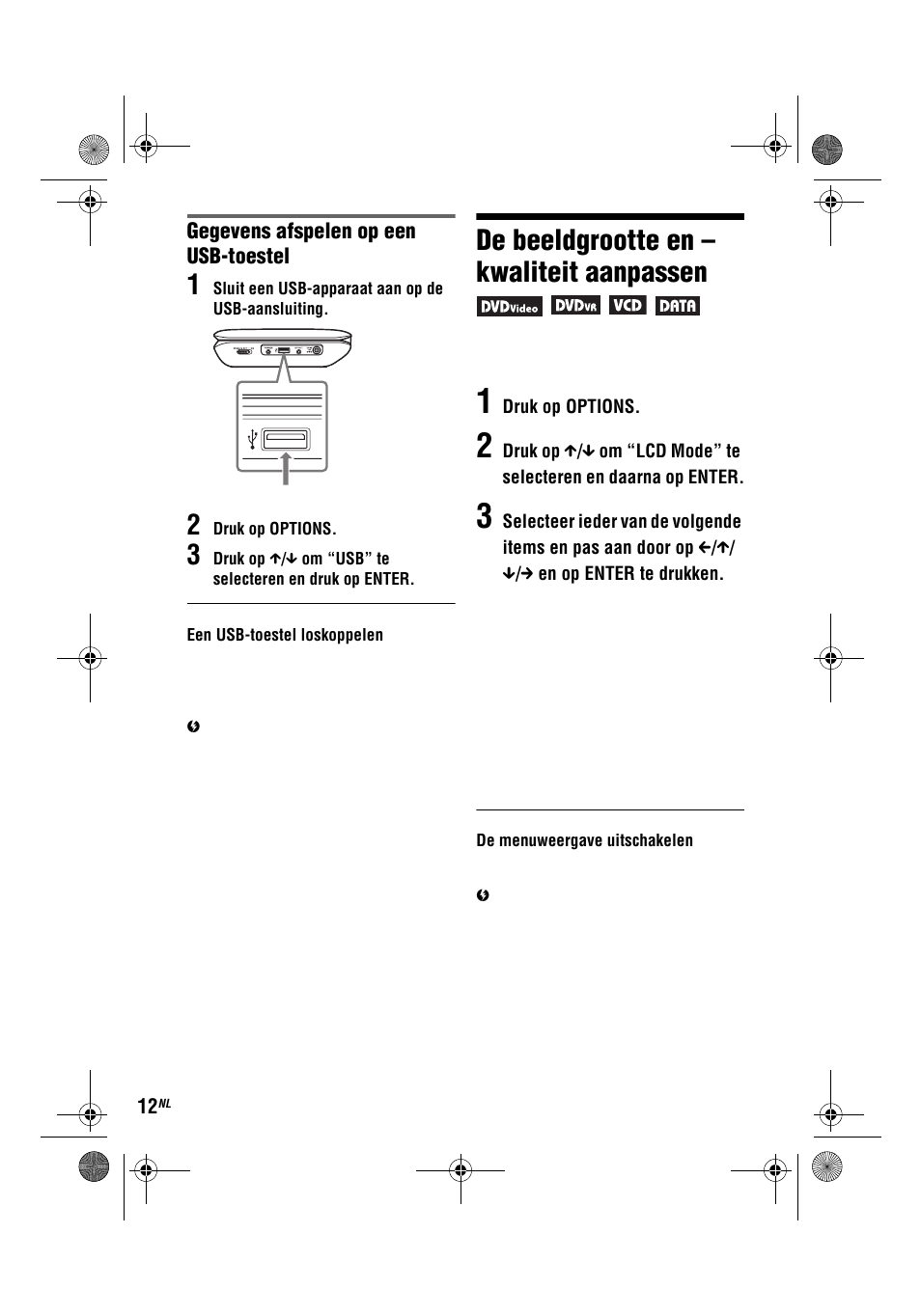 De beeldgrootte en – kwaliteit aanpassen, Gegevens afspelen op een usb-toestel | Sony DVP-FX780 User Manual | Page 120 / 132