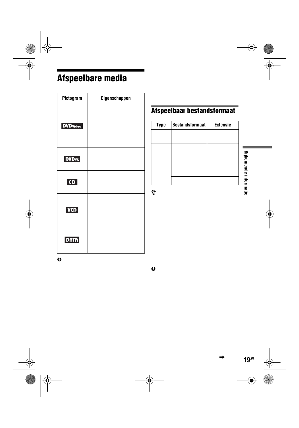 Afspeelbare media, Afspeelbaar bestandsformaat | Sony DVP-FX780 User Manual | Page 127 / 132