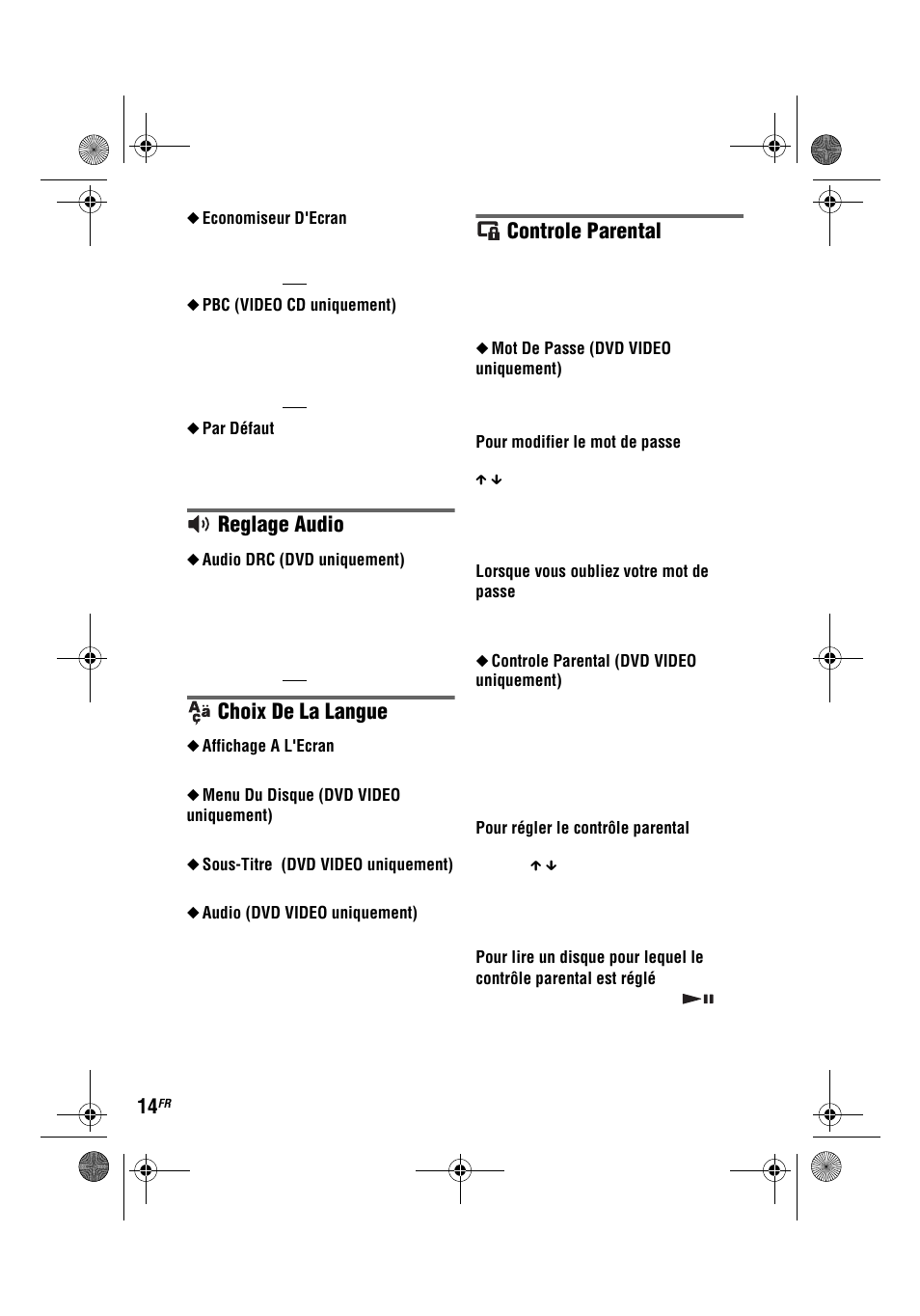 Reglage audio, Choix de la langue, Controle parental | Sony DVP-FX780 User Manual | Page 34 / 132