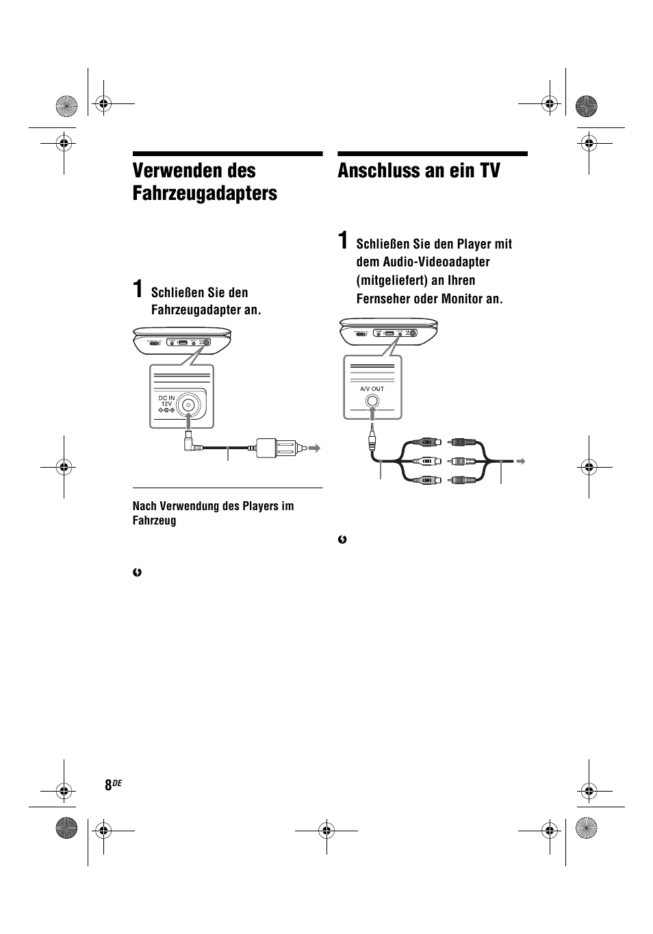 Verwenden des fahrzeugadapters, Anschluss an ein tv | Sony DVP-FX780 User Manual | Page 50 / 132