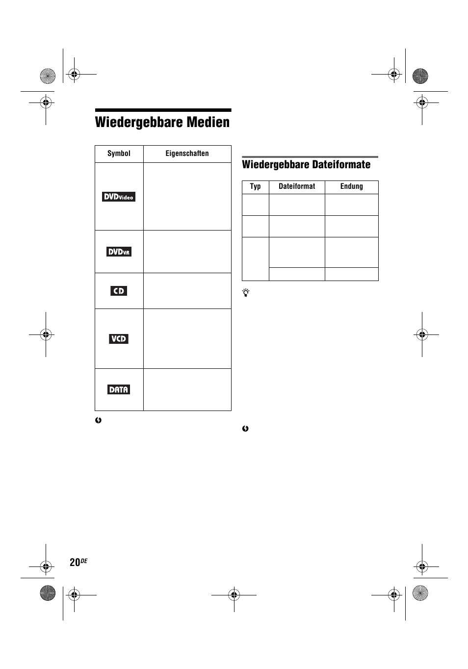 Wiedergebbare medien, Wiedergebbare dateiformate | Sony DVP-FX780 User Manual | Page 62 / 132