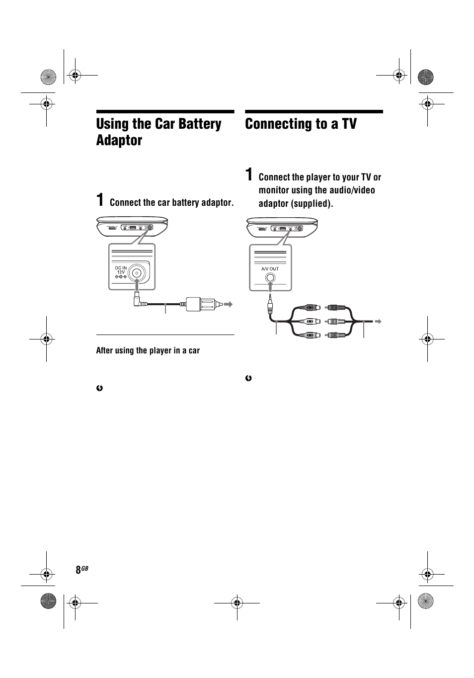 Using the car battery adaptor, Connecting to a tv | Sony DVP-FX780 User Manual | Page 8 / 132
