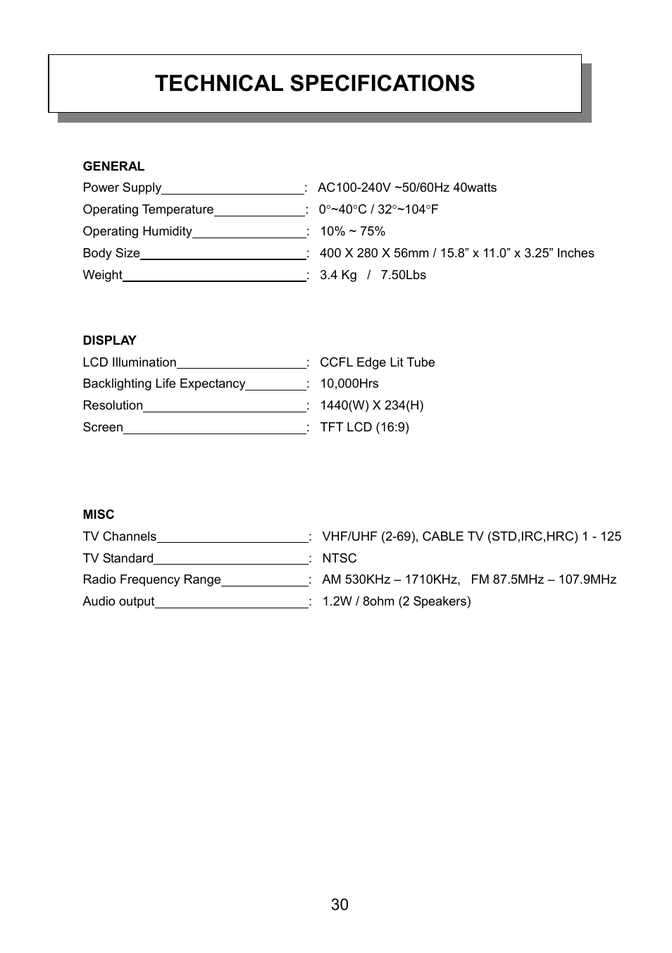 General, Display, Misc | Technical specifications | Audiovox VE726 User Manual | Page 31 / 33