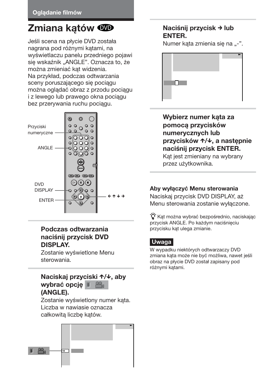Zmiana kątów, Podczas odtwarzania naciśnij przycisk dvd display, Naciśnij przycisk c lub enter | Sony DAV-DS1000 User Manual | Page 314 / 344