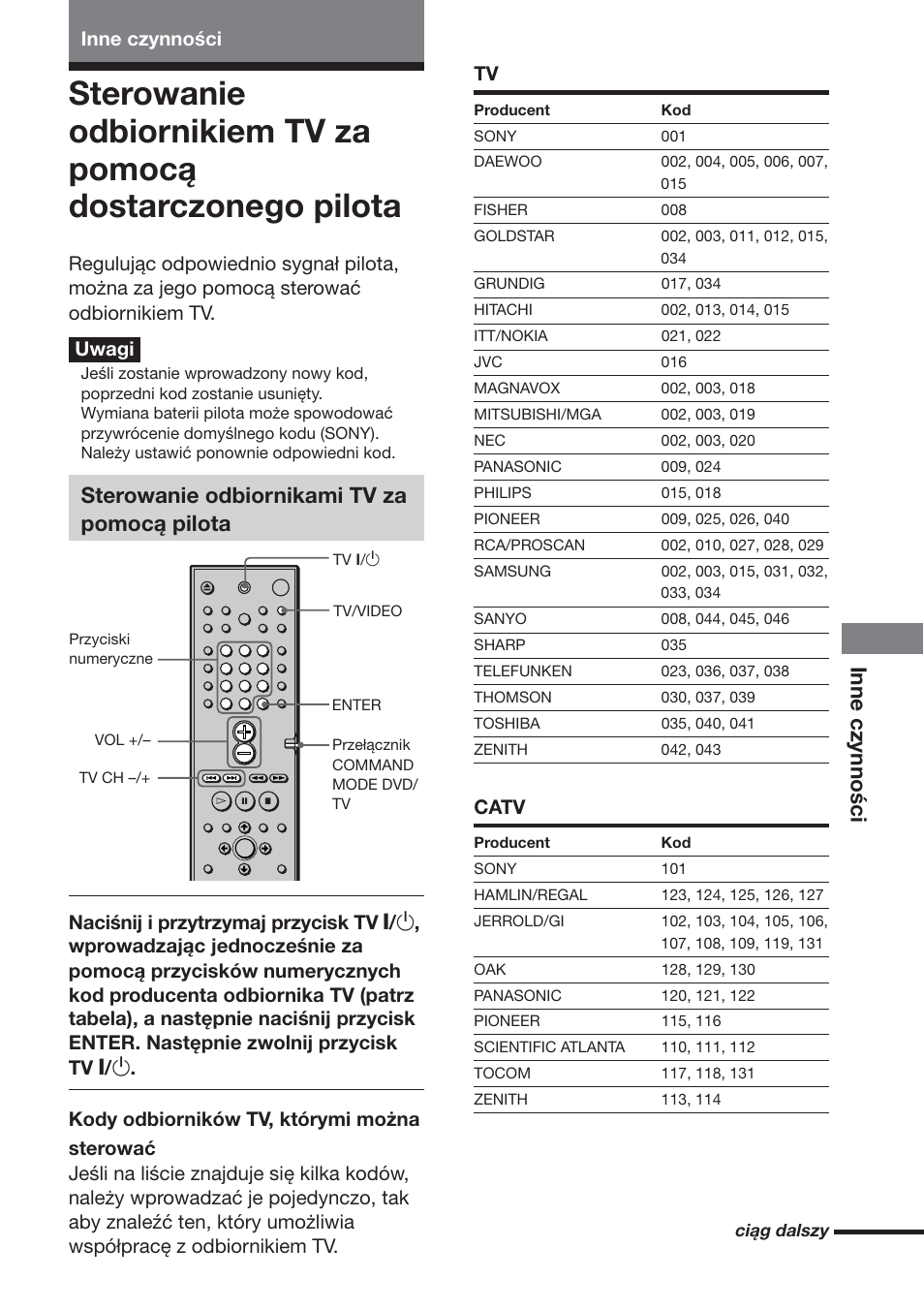 Inne czynności, Sterowanie odbiornikami tv za pomocą pilota, Catv | Sony DAV-DS1000 User Manual | Page 321 / 344
