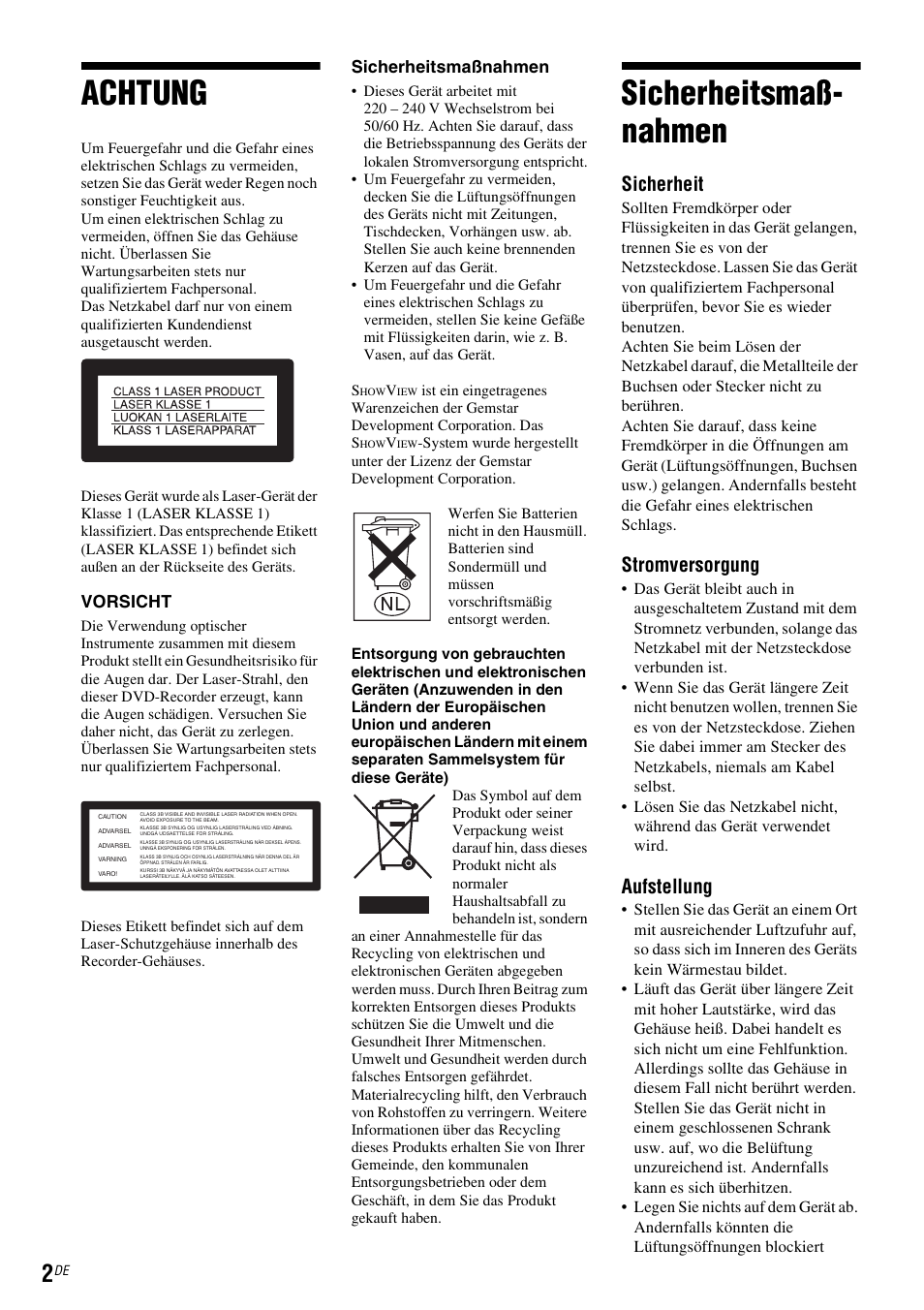 Achtung, Sicherheitsmaßnahmen, Sicherheitsmaß- nahmen | Sicherheit, Stromversorgung, Aufstellung | Sony DAR-RD100 User Manual | Page 132 / 520
