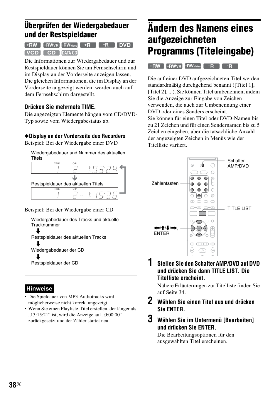 Drücken sie mehrmals time, Hinweise, Wählen sie einen titel aus und drücken sie enter | Sony DAR-RD100 User Manual | Page 168 / 520