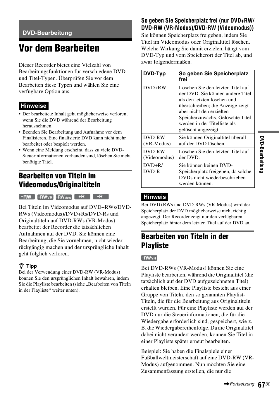 Dvd-bearbeitung, Vor dem bearbeiten, Seite 67) | N (seite 67), Bearbeiten von titeln im videomodus/originaltiteln, Bearbeiten von titeln in der playliste | Sony DAR-RD100 User Manual | Page 197 / 520