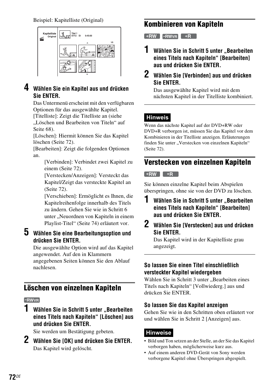 Seite 72, Seite 72), Löschen von einzelnen kapiteln | Kombinieren von kapiteln, Verstecken von einzelnen kapiteln | Sony DAR-RD100 User Manual | Page 202 / 520