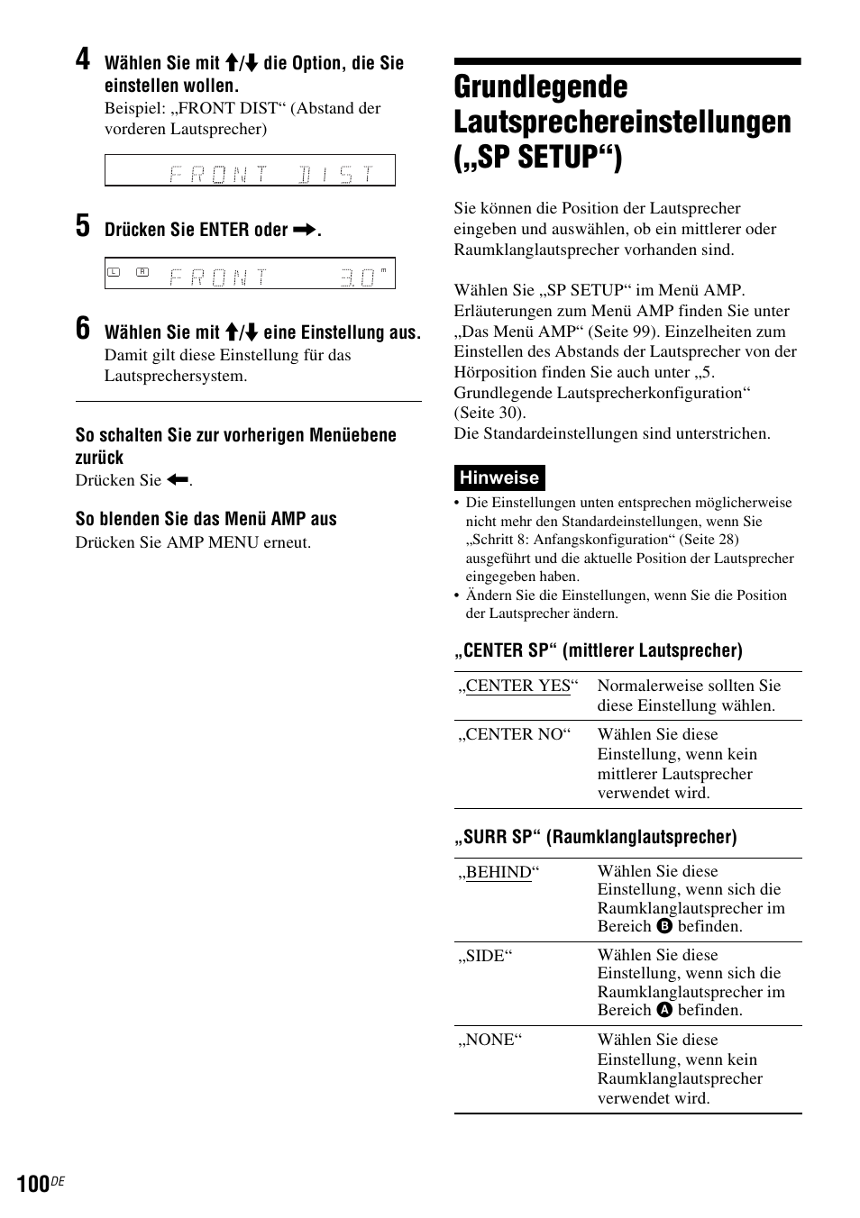 Surr sp“ (raumklanglautsprecher)“ auf seite 100 na, Seite 100) | Sony DAR-RD100 User Manual | Page 230 / 520