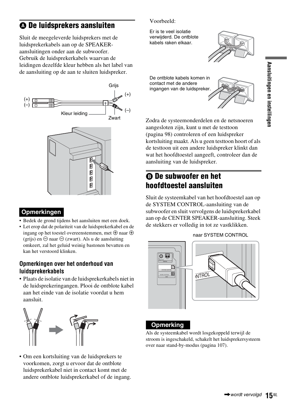 De luidsprekers aansluiten, De subwoofer en het hoofdtoestel aansluiten, Opmerkingen | Opmerking | Sony DAR-RD100 User Manual | Page 279 / 520
