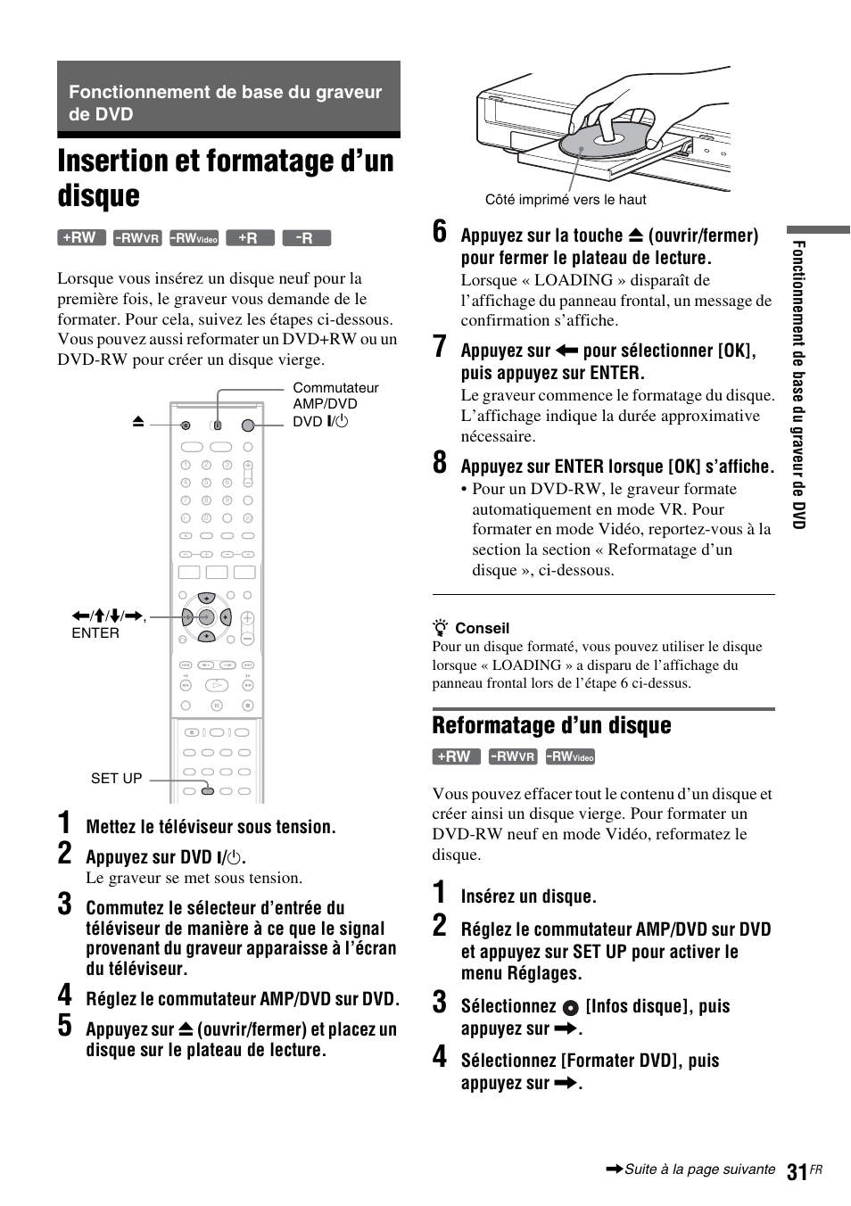 Fonctionnement de base du graveur de dvd, Insertion et formatage d’un disque, Reformatage d’un disque | Sony DAR-RD100 User Manual | Page 31 / 520
