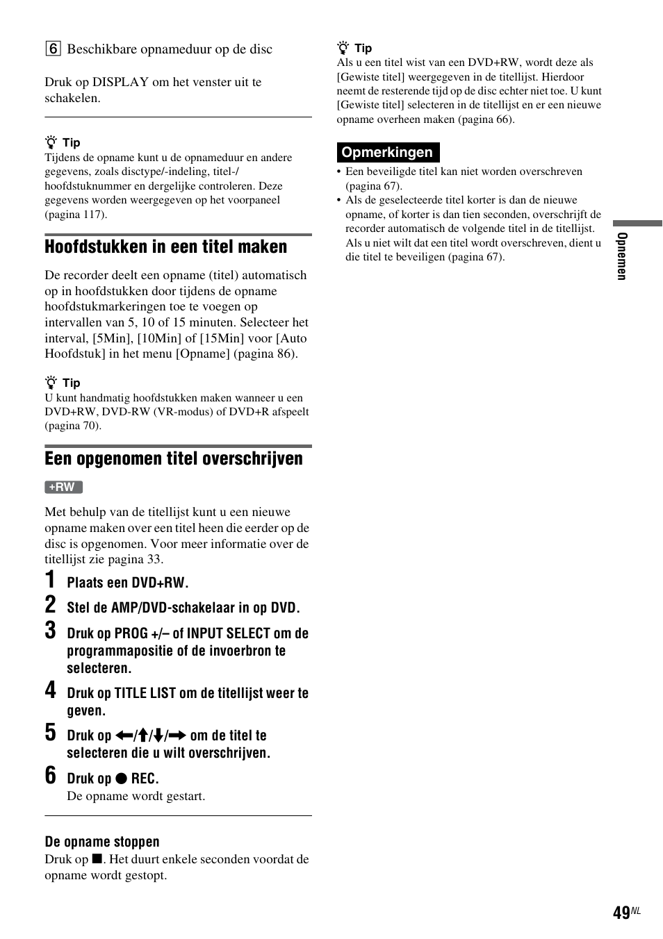 Hoofdstukken in een titel maken, Een opgenomen titel overschrijven | Sony DAR-RD100 User Manual | Page 313 / 520