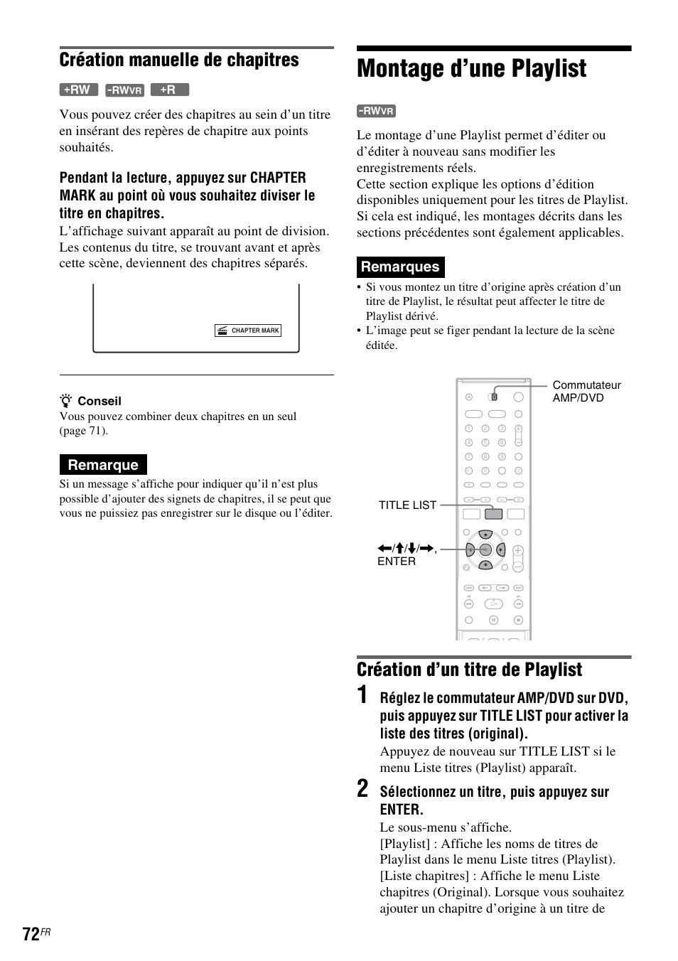 Montage d’une playlist, Création manuelle de chapitres, Création d’un titre de playlist | Remarque, Remarques, Sélectionnez un titre, puis appuyez sur enter | Sony DAR-RD100 User Manual | Page 72 / 520