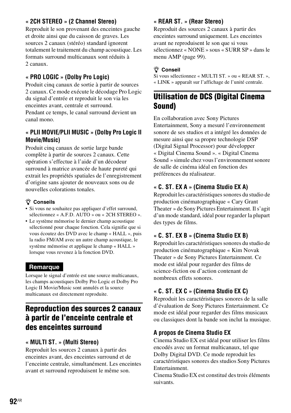 Utilisation de dcs (digital cinema sound) | Sony DAR-RD100 User Manual | Page 92 / 520