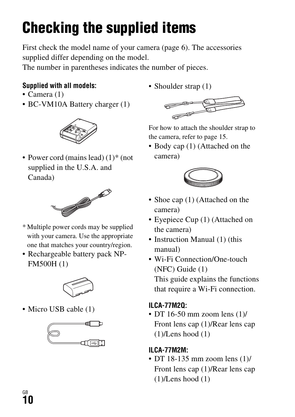 Checking the supplied items, Before use | Sony ILCA-77M2 User Manual | Page 10 / 675
