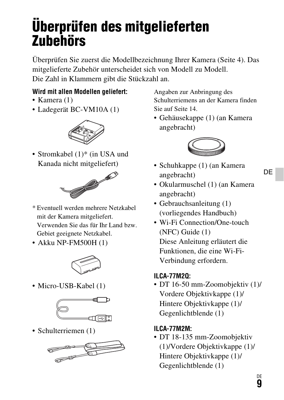 Überprüfen des mitgelieferten zubehörs, Vor gebrauch | Sony ILCA-77M2 User Manual | Page 121 / 675