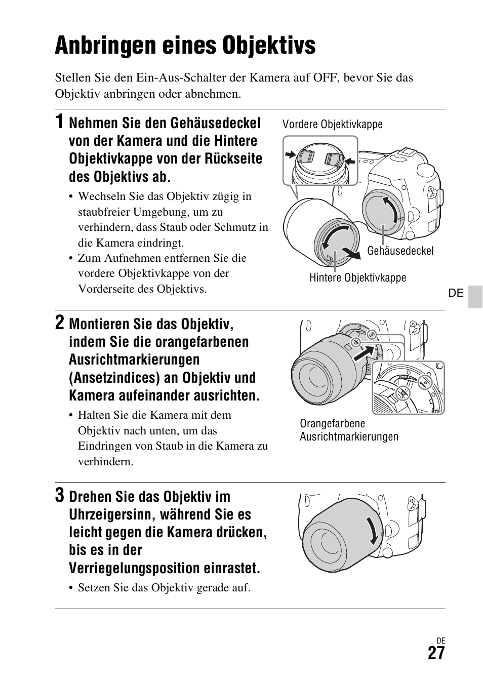 Anbringen eines objektivs, X (27) | Sony ILCA-77M2 User Manual | Page 139 / 675