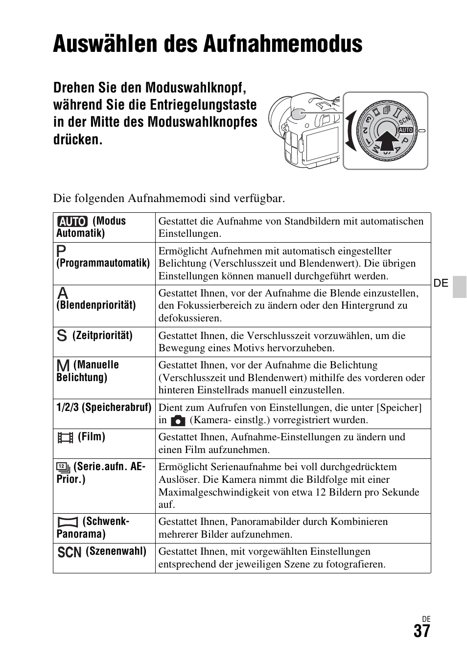Auswählen des aufnahmemodus, Opf (37) | Sony ILCA-77M2 User Manual | Page 149 / 675