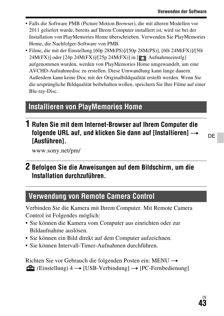 Installieren von playmemories home, Verwendung von remote camera control | Sony ILCA-77M2 User Manual | Page 155 / 675
