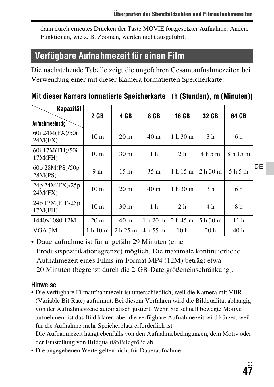 Verfügbare aufnahmezeit für einen film | Sony ILCA-77M2 User Manual | Page 159 / 675